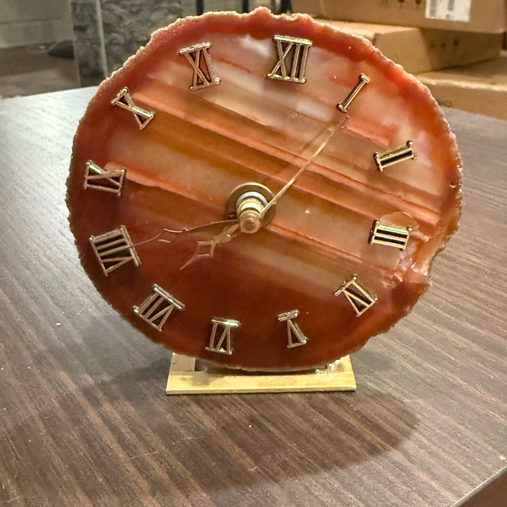 Genuine Agate Slice Quartz Rock Desk Clock 2 Tone Orange